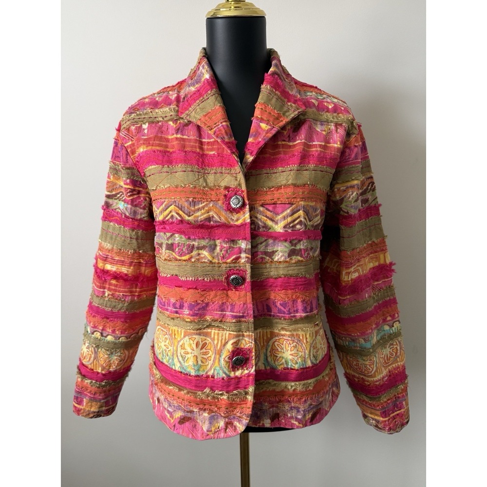 Coldwater Creek Women's LP Petite Colorful Patchwork Blazer Boho Appliqué